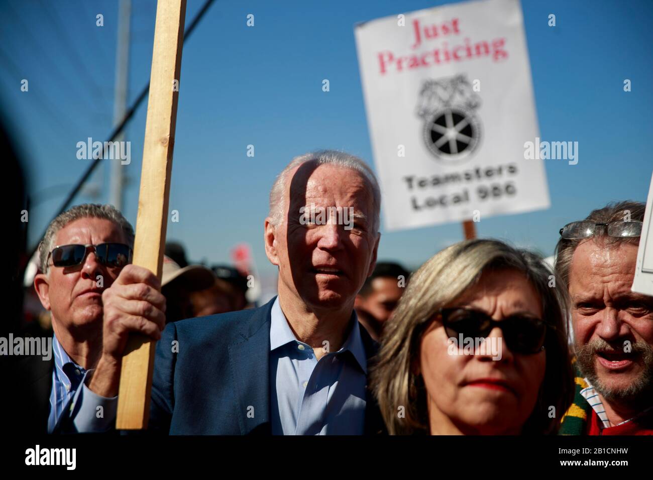 02192020 - Las Vegas, Nevada, USA: Former Vice President and democratic presidential candidate hopeful Joe Biden campaigns on the picket line with members of the Culinary Workers Union Local 226 outside the Palms Casino in Las Vegas, Wednesday, Feb. 19, 2020. Stock Photo