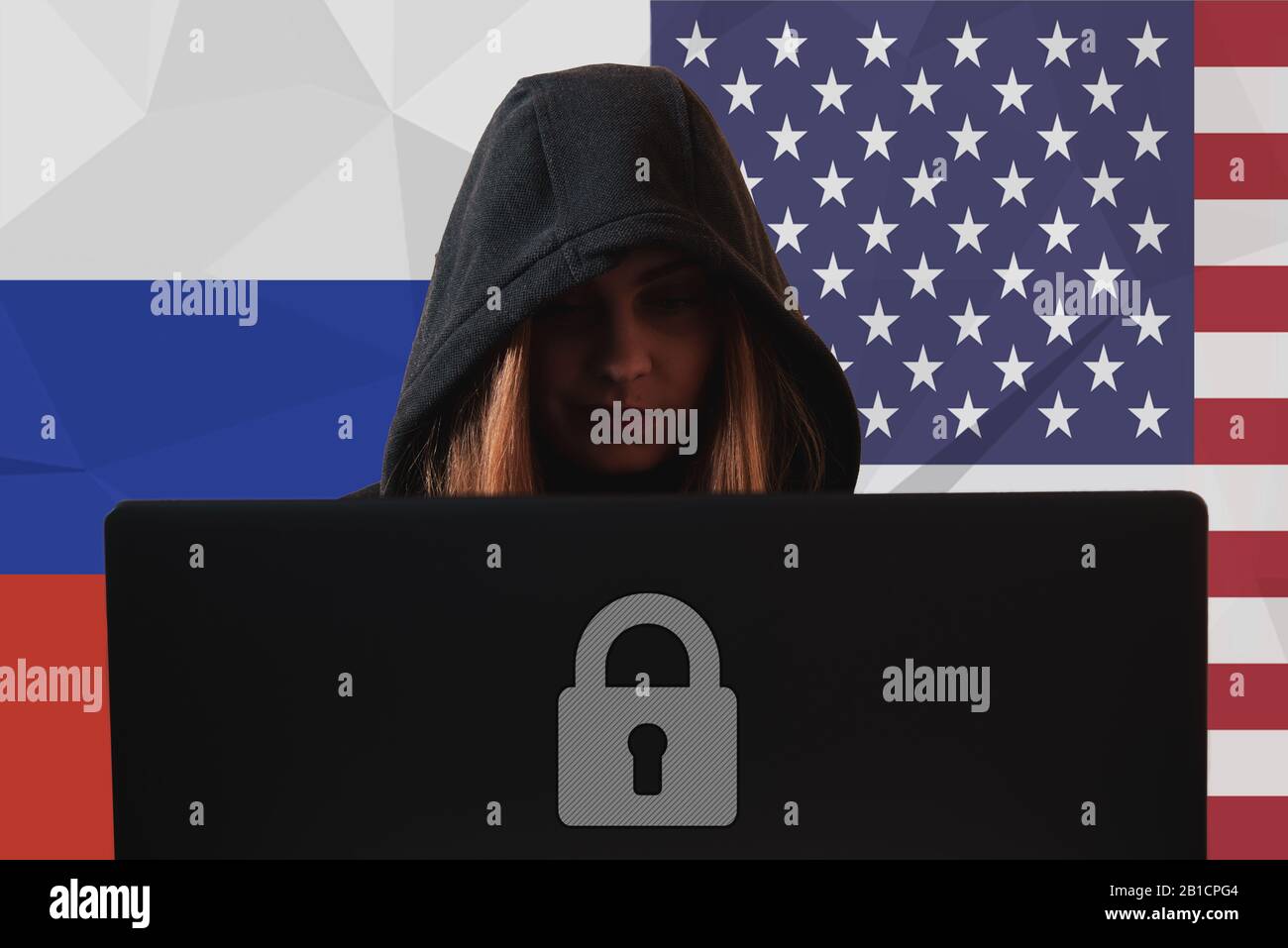 Woman hacker data breach China vs Russia cyber war Stock Photo