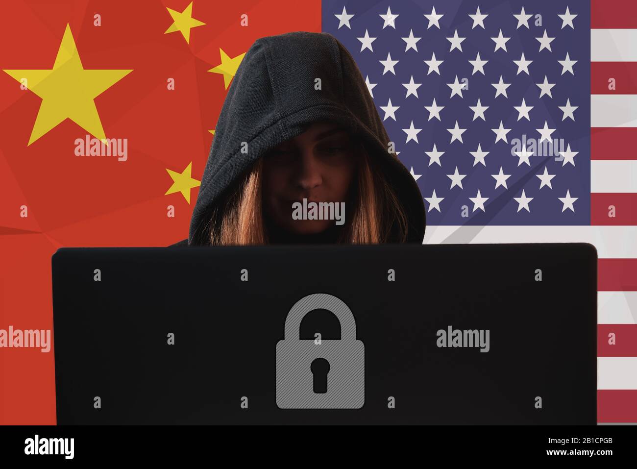 Woman hacker data breach China vs Russia cyber war Stock Photo