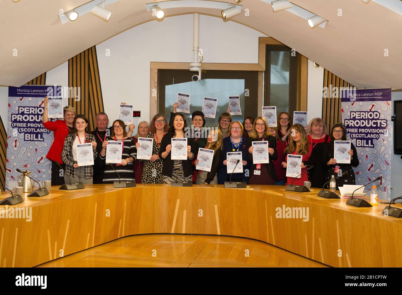 Edinburgh, UK. 6 November 2019.Pictured: (7th from left) Monica Lennon MSP - Shadow Cabinet Secretary for Health And Sport, Member for Central Scotland. Period Products (Free Provision) (Scotland) Bill. Supporters of the Period Products (Free Provision) (Scotland) Bill will join Scottish Labour Shadow Cabinet Secretary for Health and Sport, Monica Lennon MSP to formally back the proposed legislation as it embarks on Stage One of the legislative process. Credit: Colin Fisher/Alamy Live News. Stock Photo