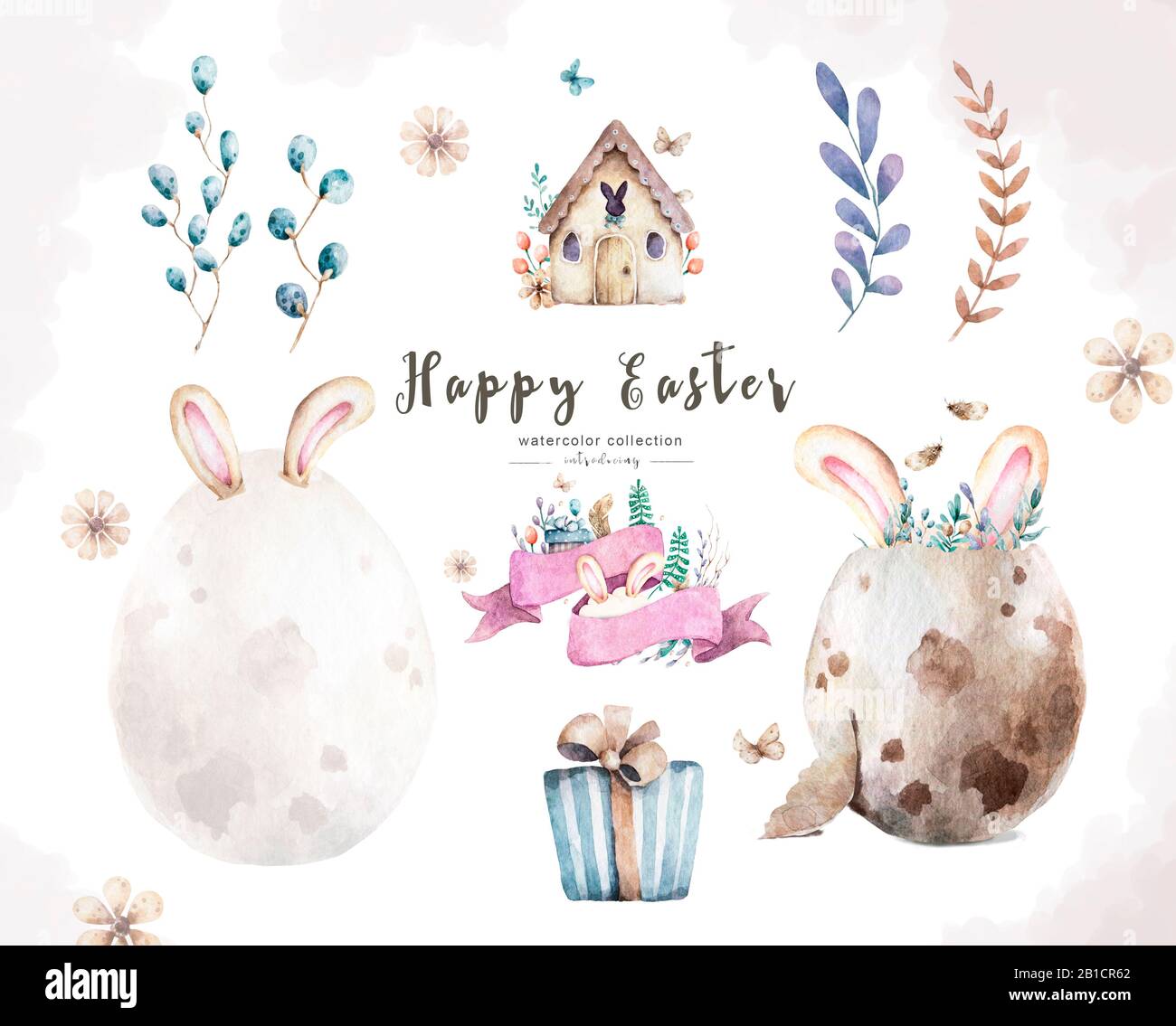 Watercolor Happy Easter set, Colored eggs with pink flower and spring ...