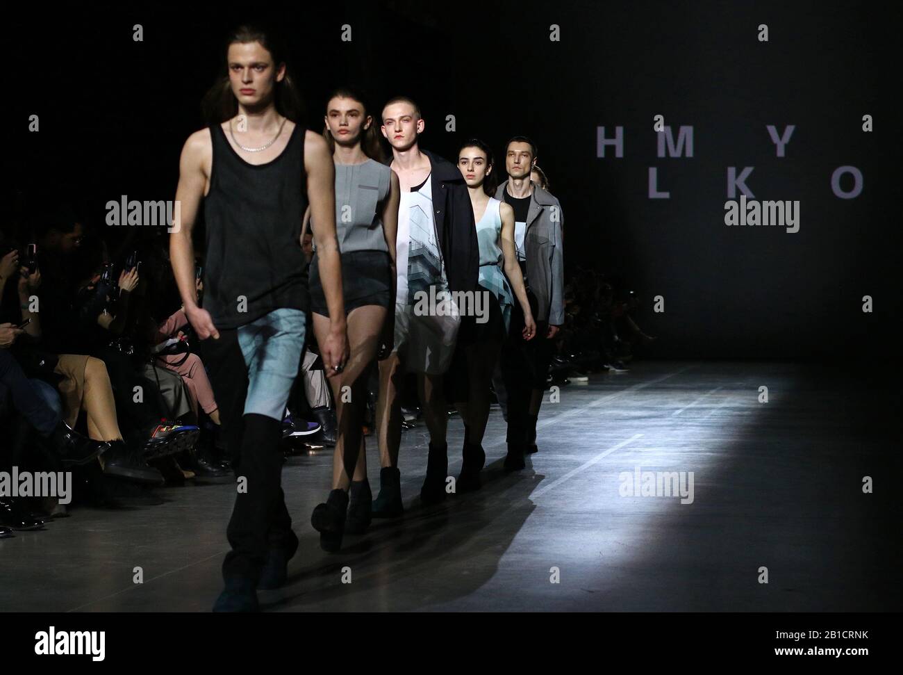 Kyiv, Ukraine - February 5, 2020: Models present a collection of clothes by designer HMYLKO during the 46th Ukrainian Fashion Week season Fall/Winter 2020/21 at Mystetskyi Arsenal in Kyiv Stock Photo