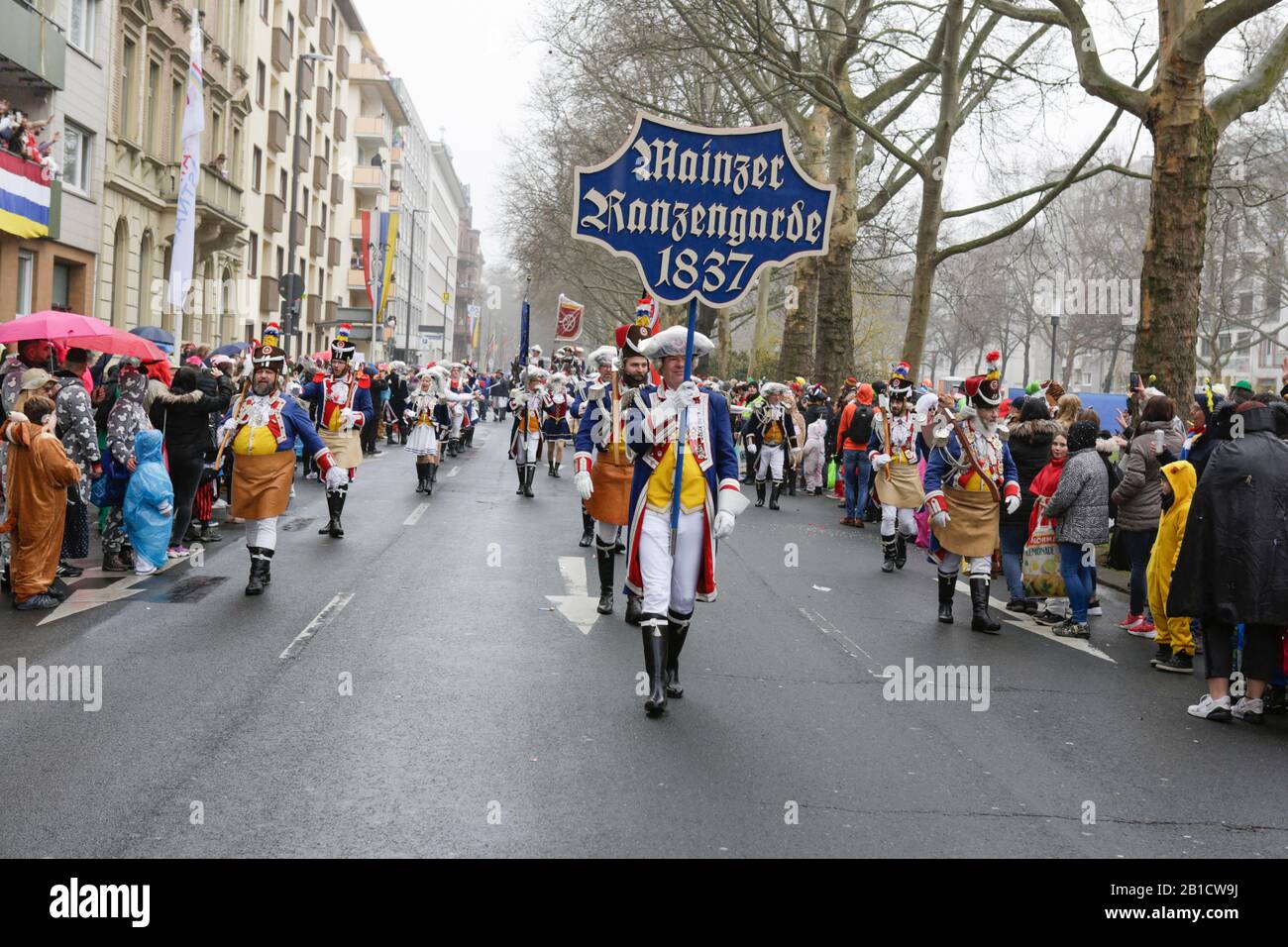 Mainz, Germany. 24th February 2020. Members of the Mainzer Ranzengarde take part in the the Mainz Rose Monday parade. Around half a million people lined the streets of Mainz for the traditional Rose Monday Carnival Parade. The 9 km long parade with over 9,000 participants is one of the three large Rose Monday Parades in Germany. Stock Photo