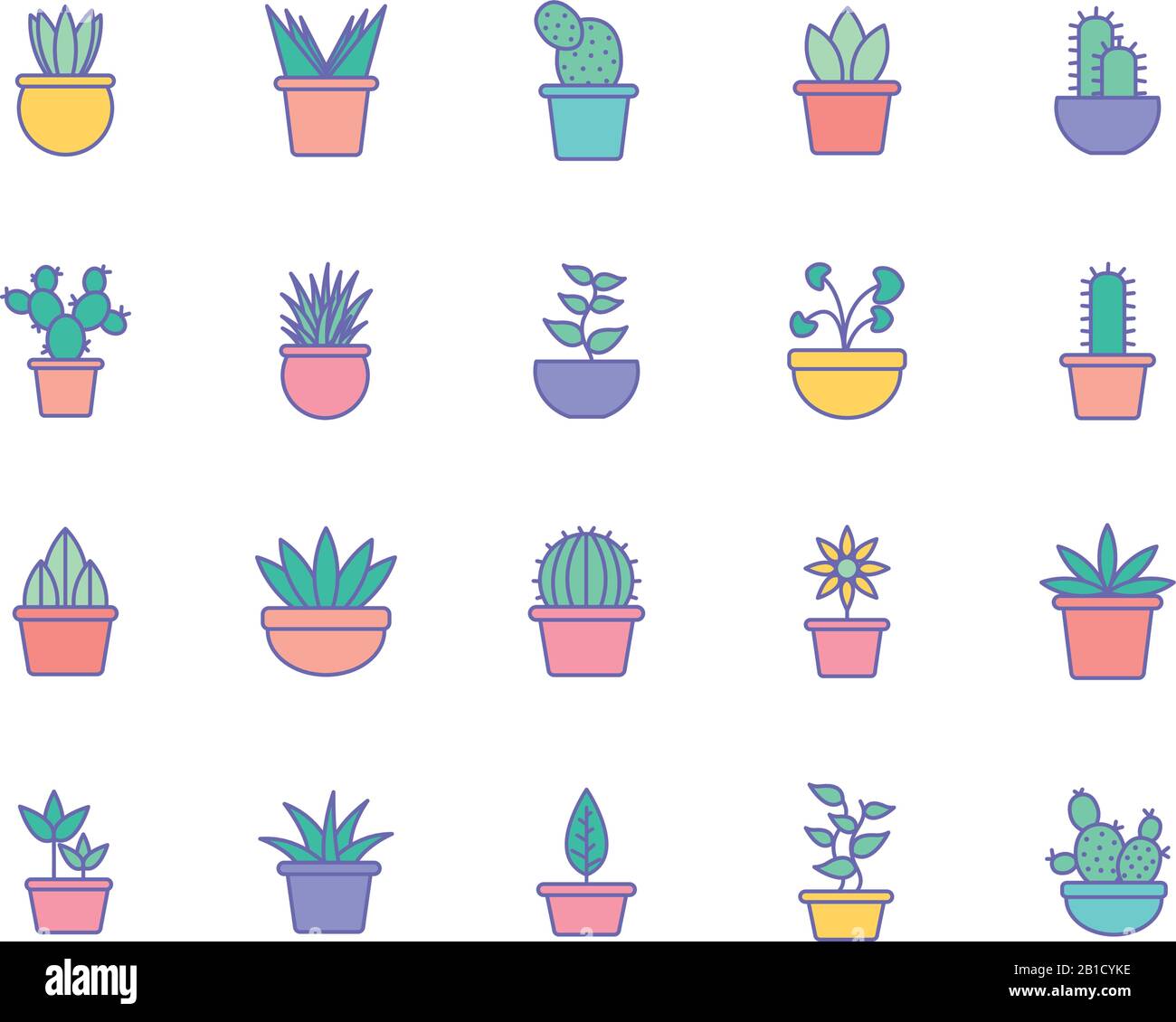 Isolated plants inside pots line and fill style icon set vector design ...