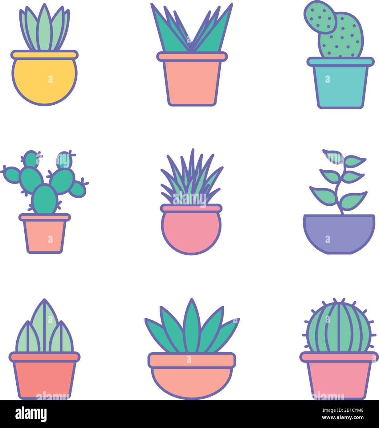 Isolated plants inside pots line and fill style icon set vector design ...