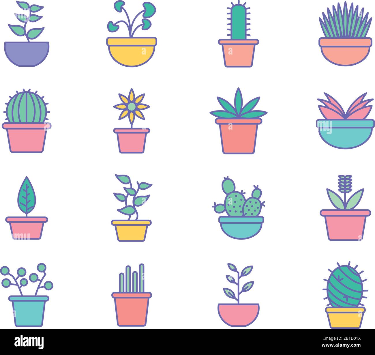 Isolated plants inside pots line and fill style icon set vector design ...