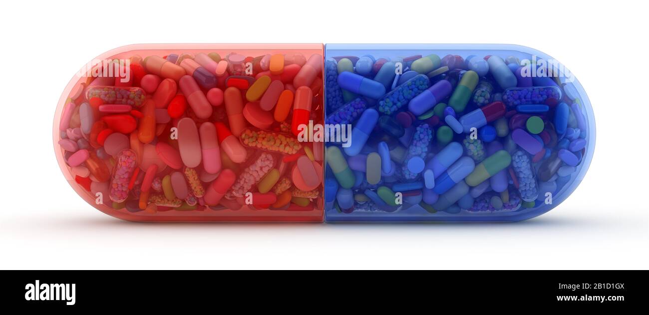 Large red and blue pill filled with colorful pills - 3d render Stock Photo