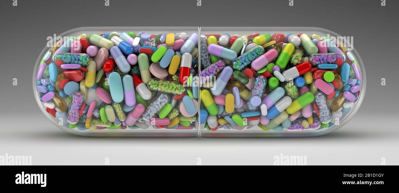 Large pill filled with colorful pills - 3d render Stock Photo