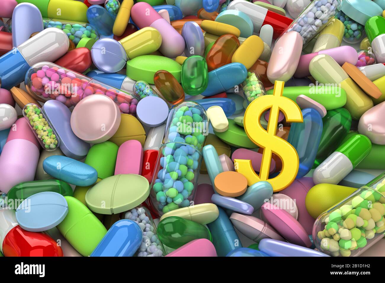 Collection of colorful pills with dollar sign Stock Photo