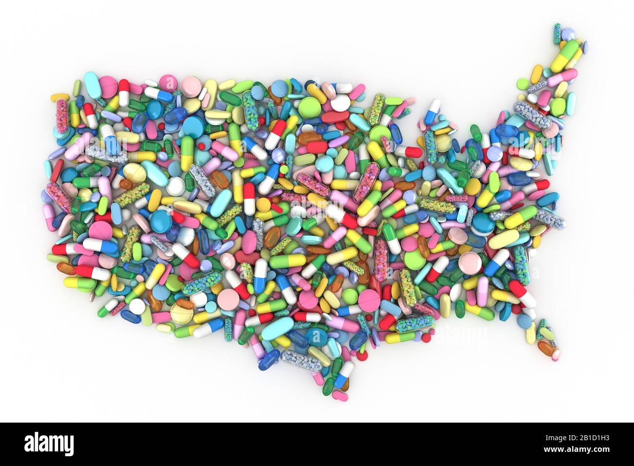 Pills and medication in the shape of the United States of America Stock Photo
