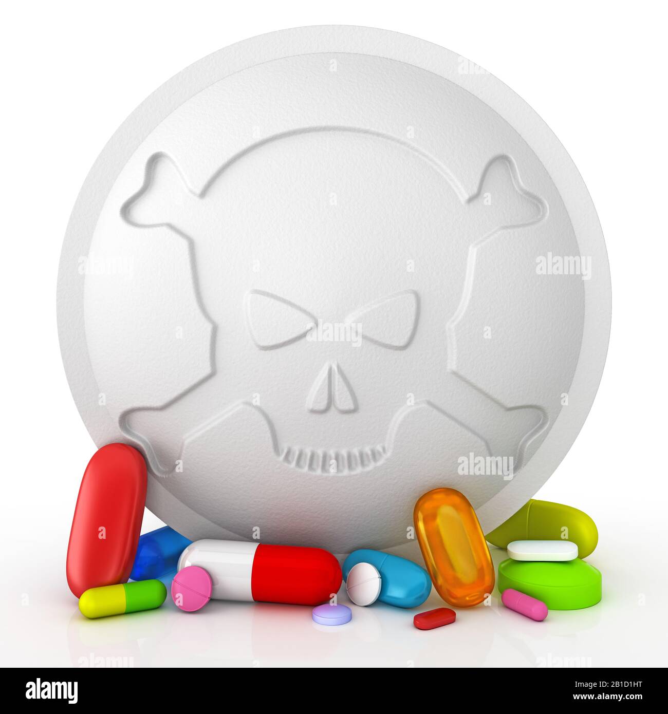 Collection of colorful pills with skull and crossbones - 3d render Stock Photo