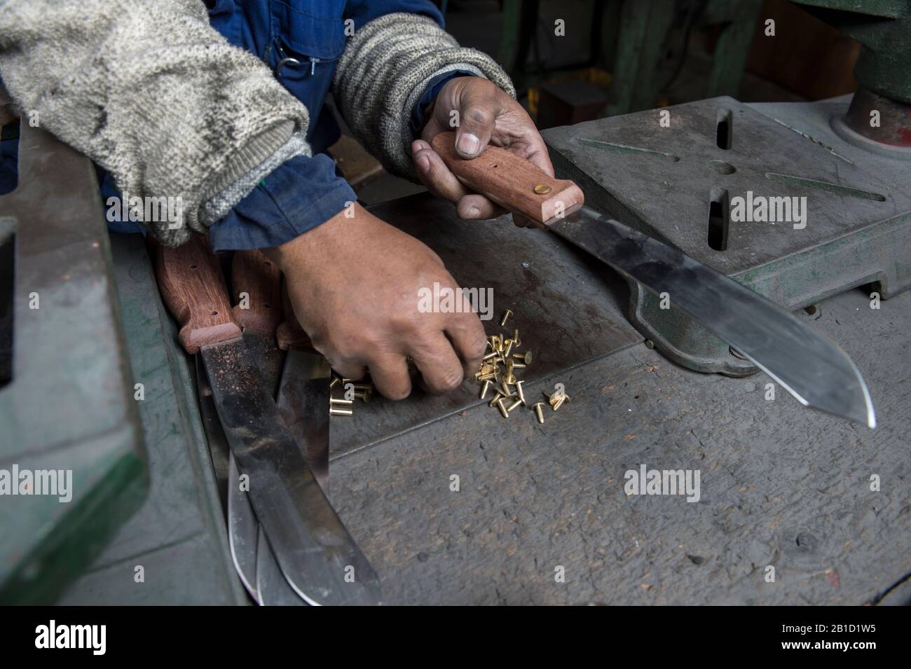 Riveting wooden handle to Butchers knife Stock Photo Alamy