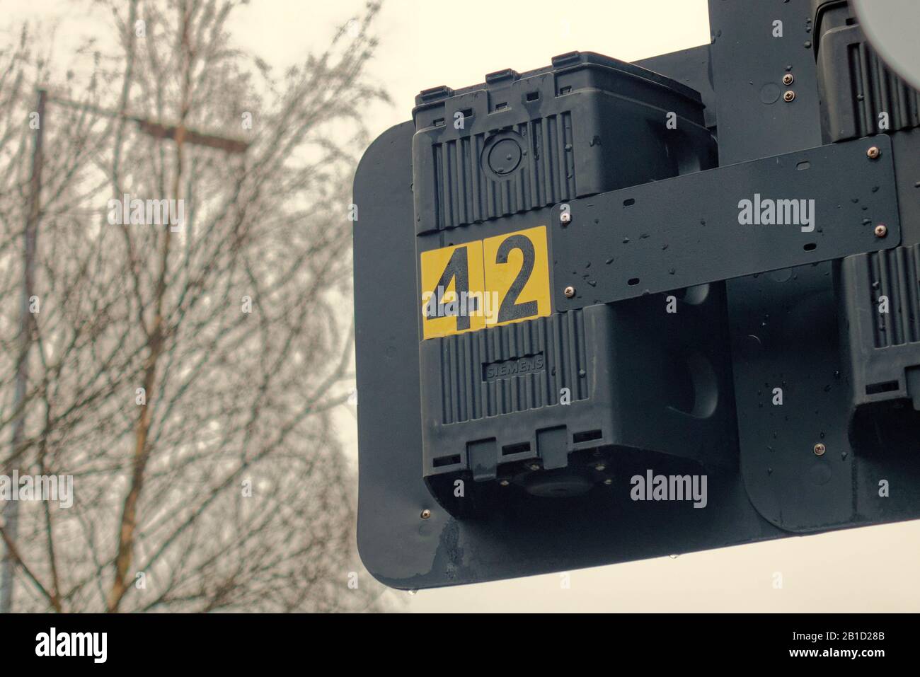 the number 42, forty two, on the back of a Siemens traffic light in