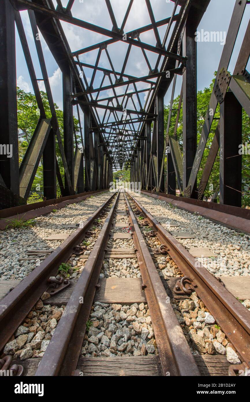 Old train railway track and tall steel structure, Singapore, Southeast Asia Stock Photo