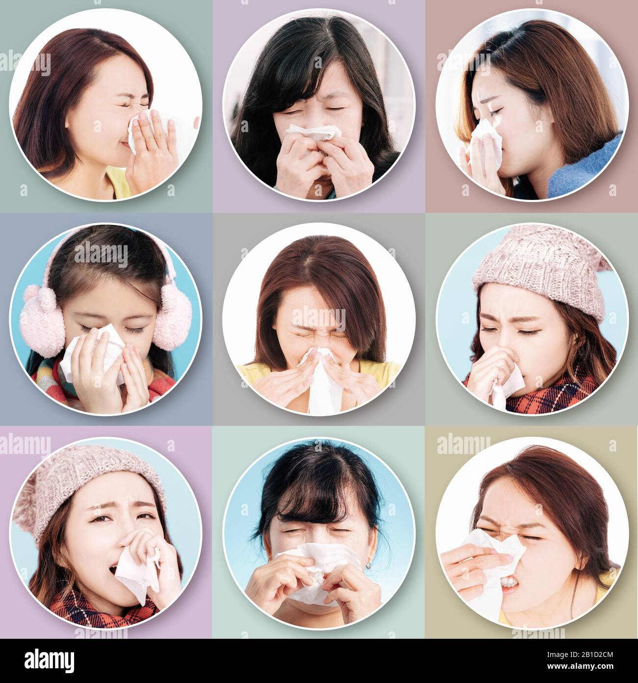 collection of female patient using  tissue to sneeze and blowing her nose Stock Photo