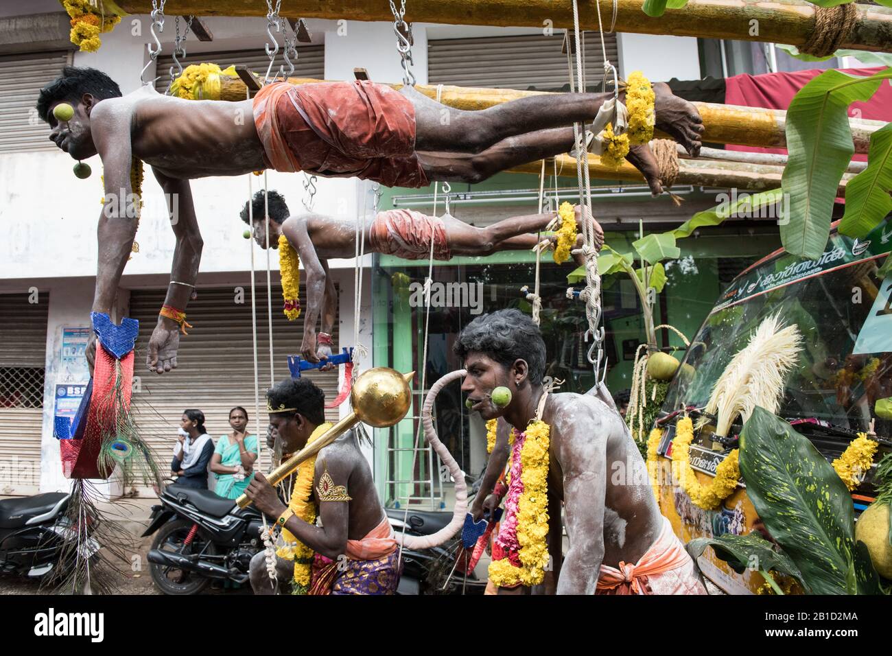 Devotees hanging by hooks piercing their skin as a ritualistic act of