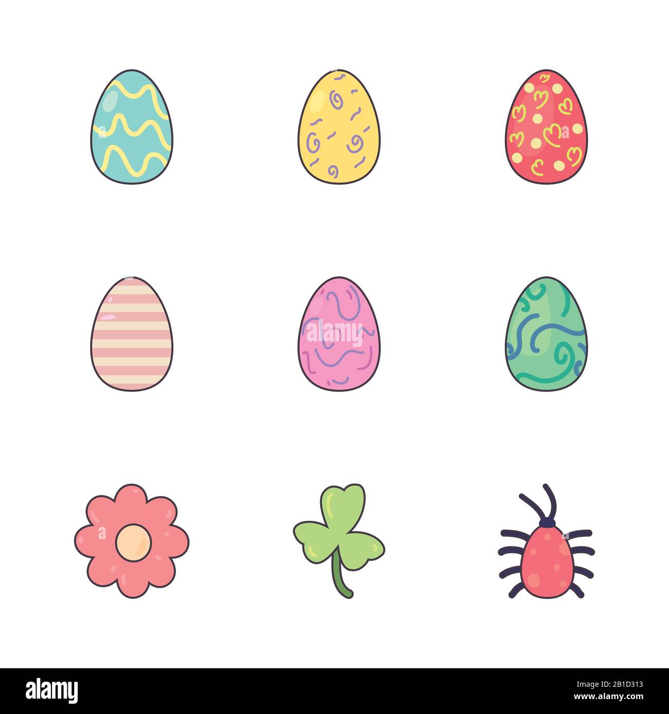 Happy easter line and fill style icon set design, Spring decoration ...