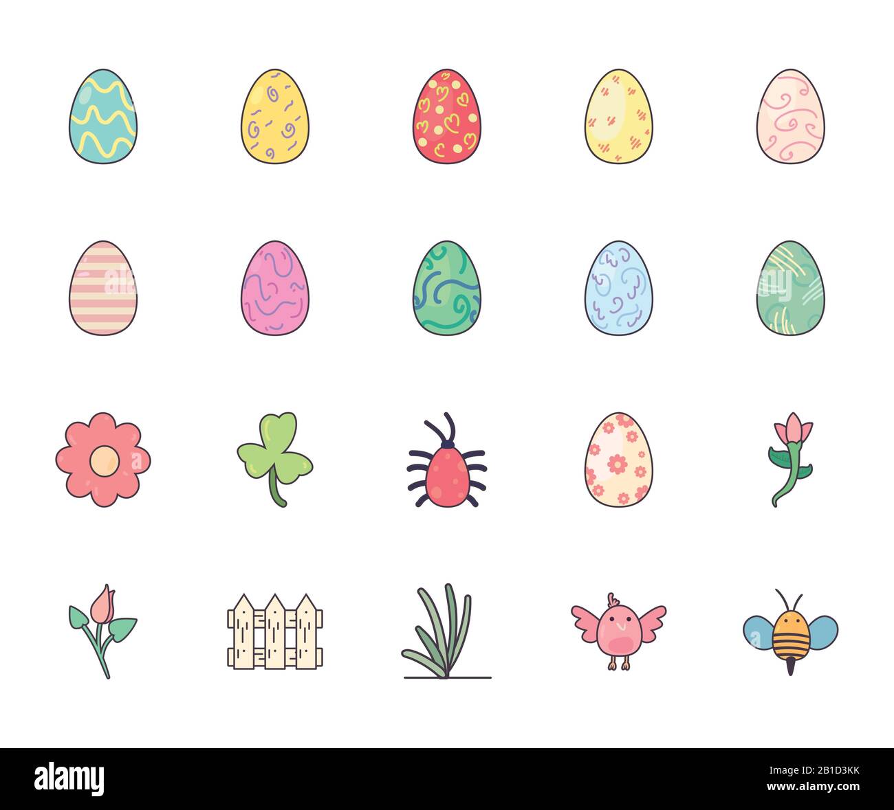 Happy easter line and fill style icon set design, Spring decoration ...