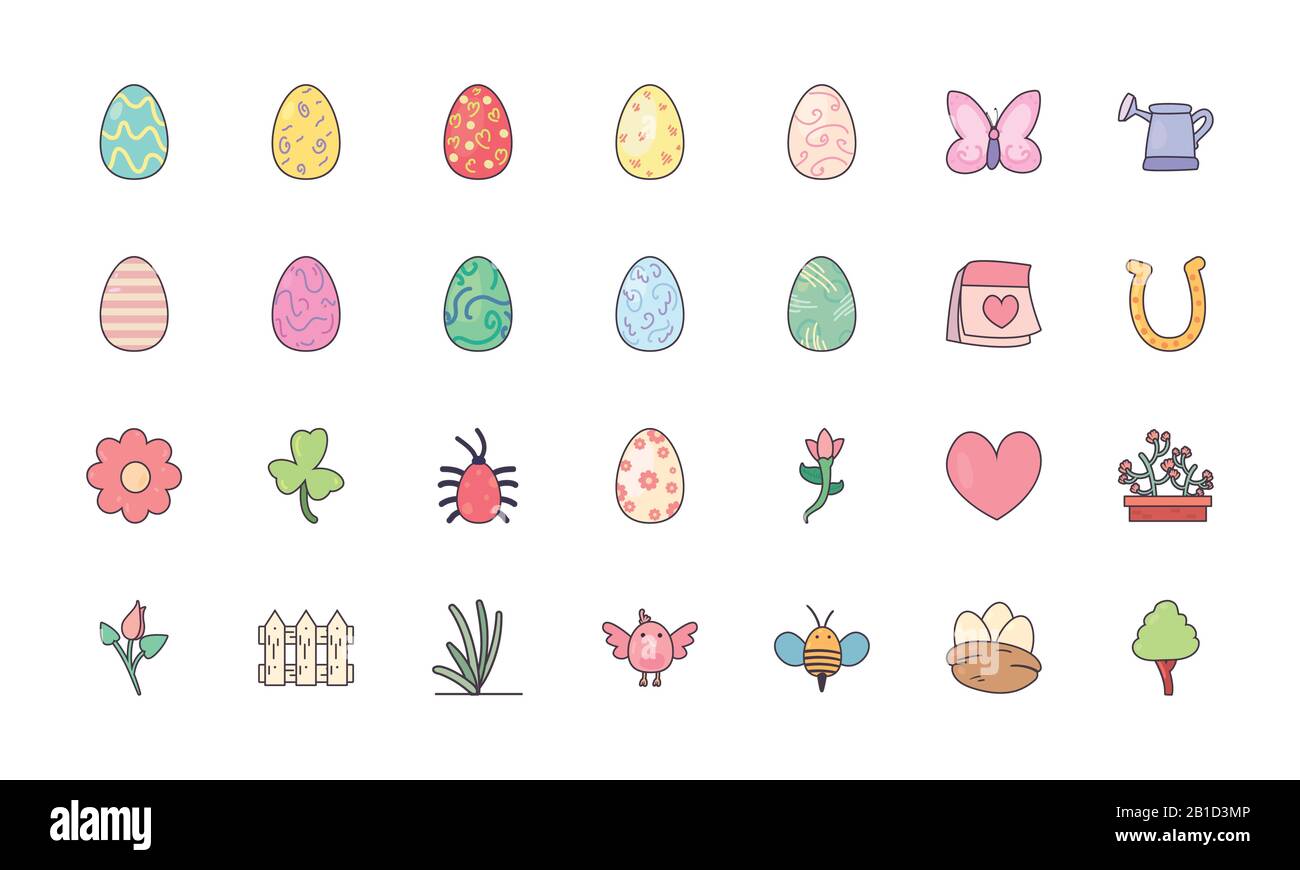 Happy easter line and fill style icon set design, Spring decoration ...