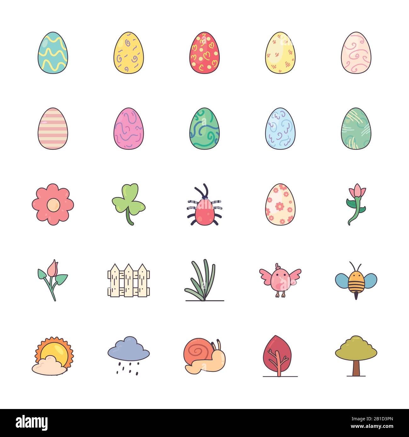 Happy easter line and fill style icon set design, Spring decoration ...