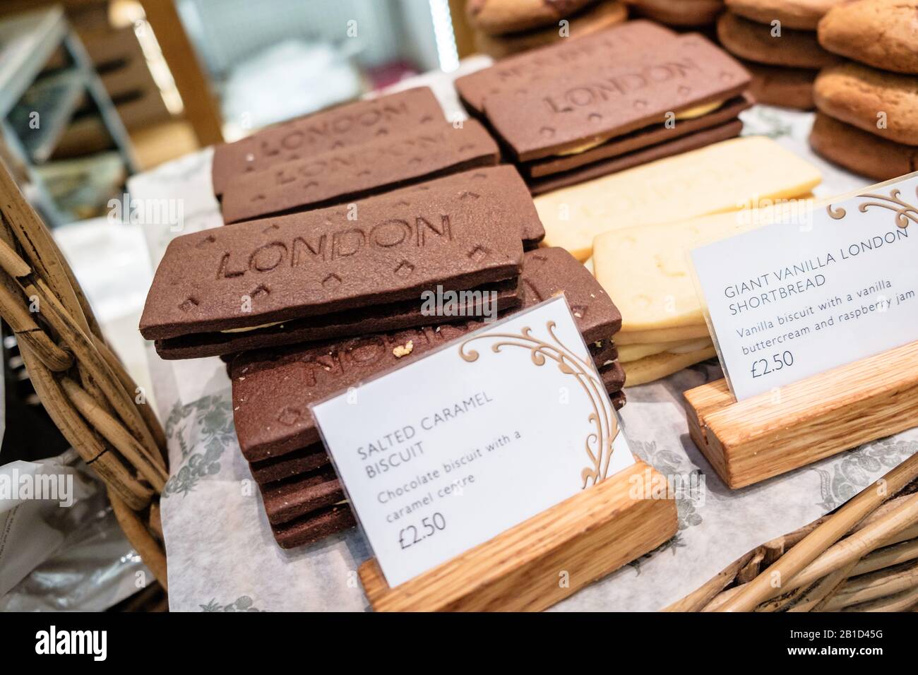 Chocolate biscuits and shortbreads on display at Harrods Food Hall