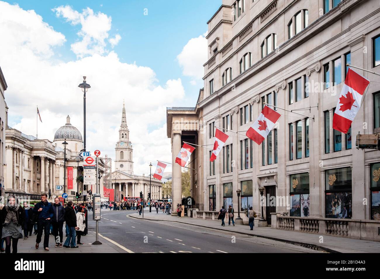 Canadian flags outside Canada House, Trafalgar Square, London, England. Stock Photo