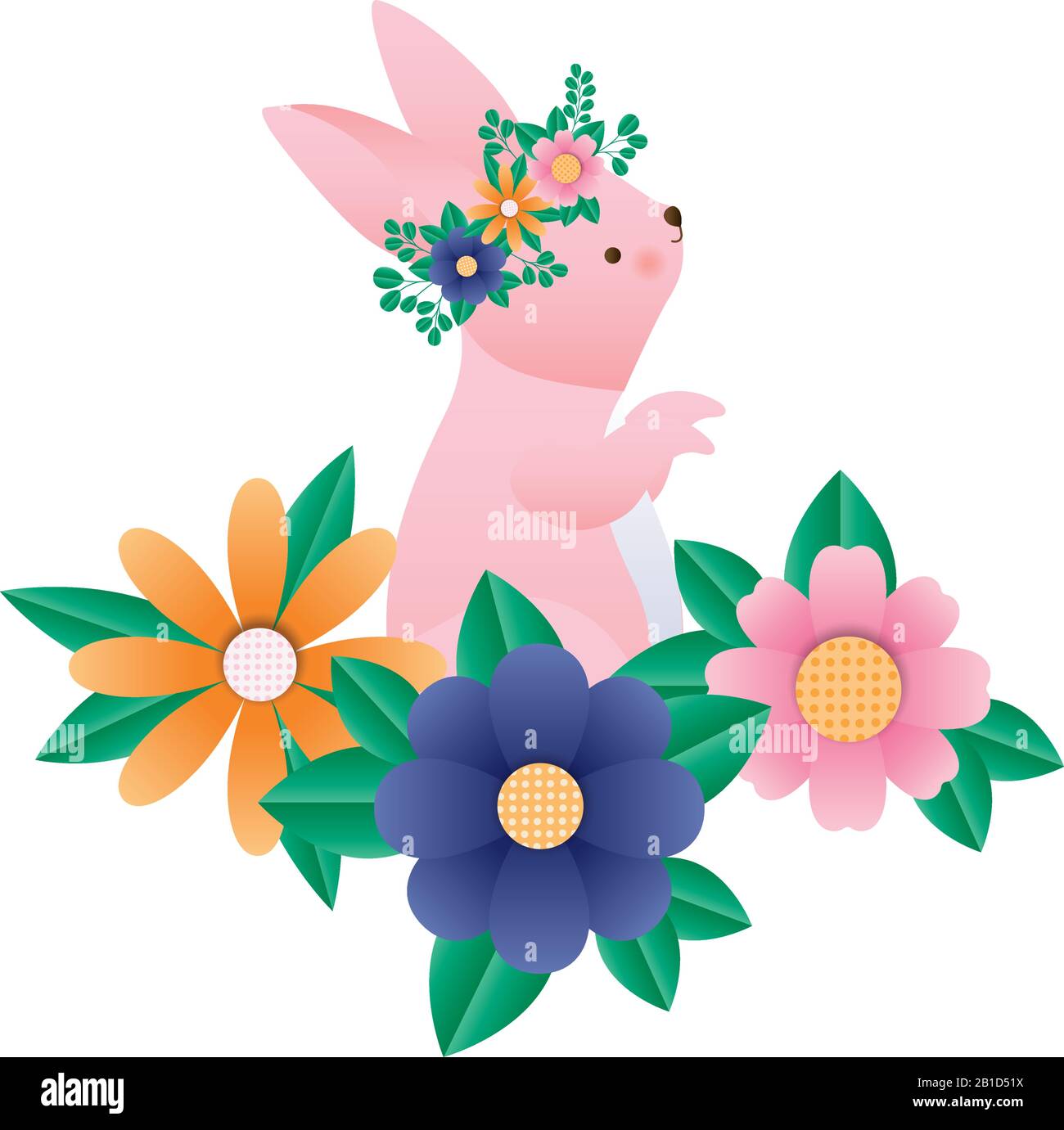 Cute rabbit cartoon with flowers and leaves vector design Stock Vector ...