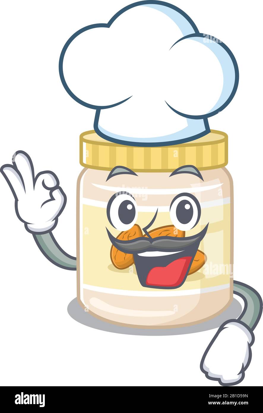 Almond butter cartoon character working as a chef and wearing white hat