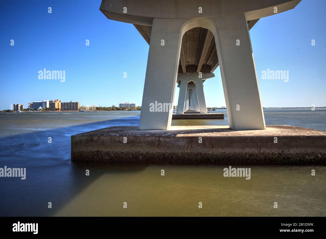 Under the Sanibel Causeway bridge of Causeway Islands Park on Sanibel in Florida. Stock Photo