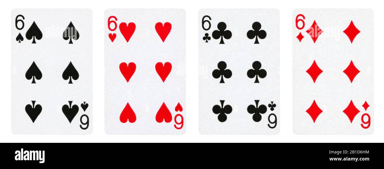 Four Vintage Playing Cards Isolated on White Background, Showing Six from Each Suit - Hearts, Clubs, Spades and Diamonds Stock Photo