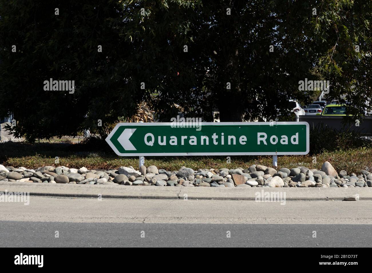 Quarantine Road sign on a roundabout in Nelson, South Island, New