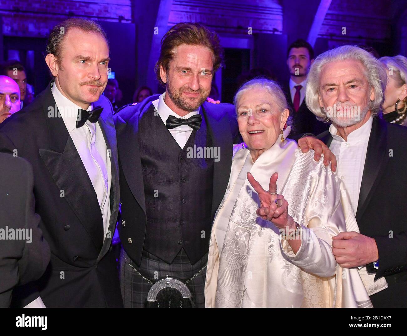 Berlin, Germany. 23rd Feb, 2020. 70th Berlinale, Cinema for Peace Gala: Carlo Gabriel Nero (l-r), the son of Vanessa Redgrave and Franco Nero, actor Gerard Butler, director Vanessa Redgrave and Hermann Bühlbecker The International Film Festival takes place from 20.02. to 01.03.2020. Credit: Jens Kalaene/dpa-Zentralbild/dpa/Alamy Live News Stock Photo