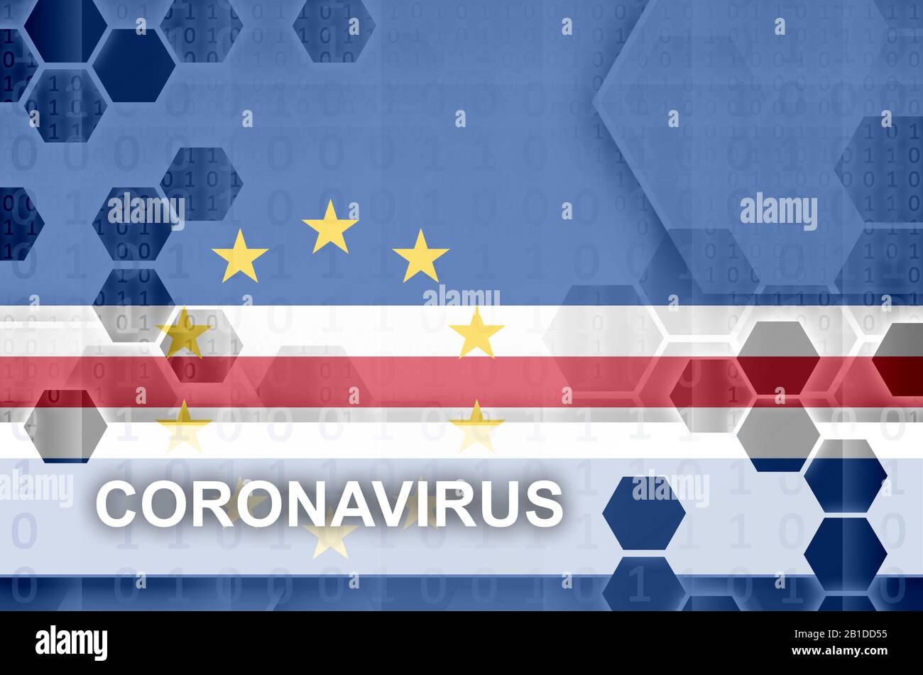 Cabo verde flag and futuristic digital abstract composition with Coronavirus inscription. Covid-19 virus outbreak concept Stock Photo