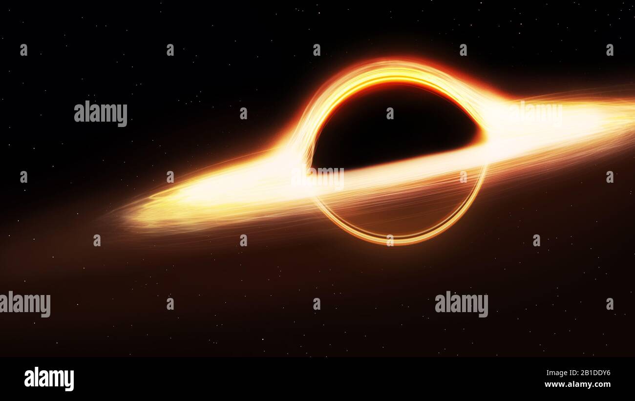 Black hole and a disk of glowing plasma. Supermassive singularity in outer space, end of the evolution of supermassive stars, or core of a galaxy. Stock Photo
