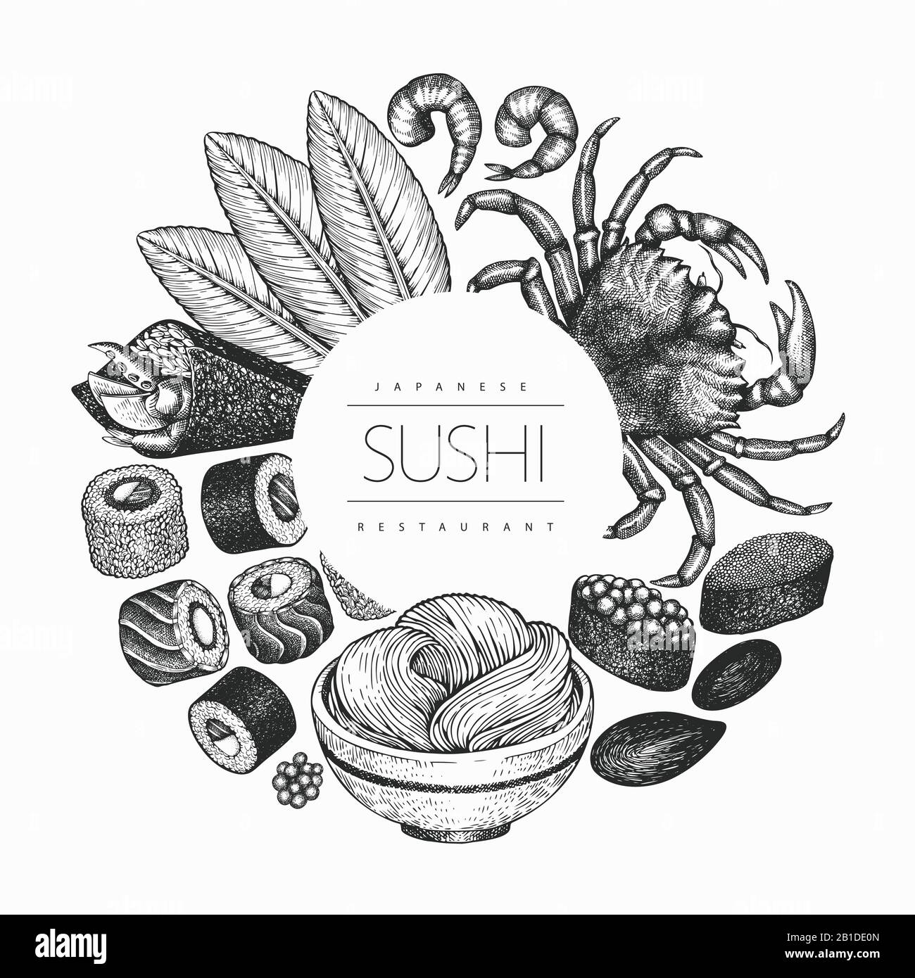 Japanese cuisine design template. Sushi hand drawn vector illustrations ...