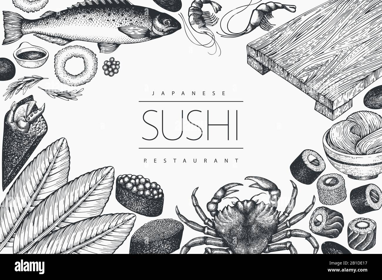 Japanese cuisine design template. Sushi hand drawn vector illustrations ...