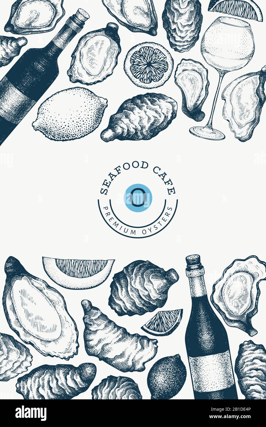 Oysters And Wine Design Template Hand Drawn Vector Illustration