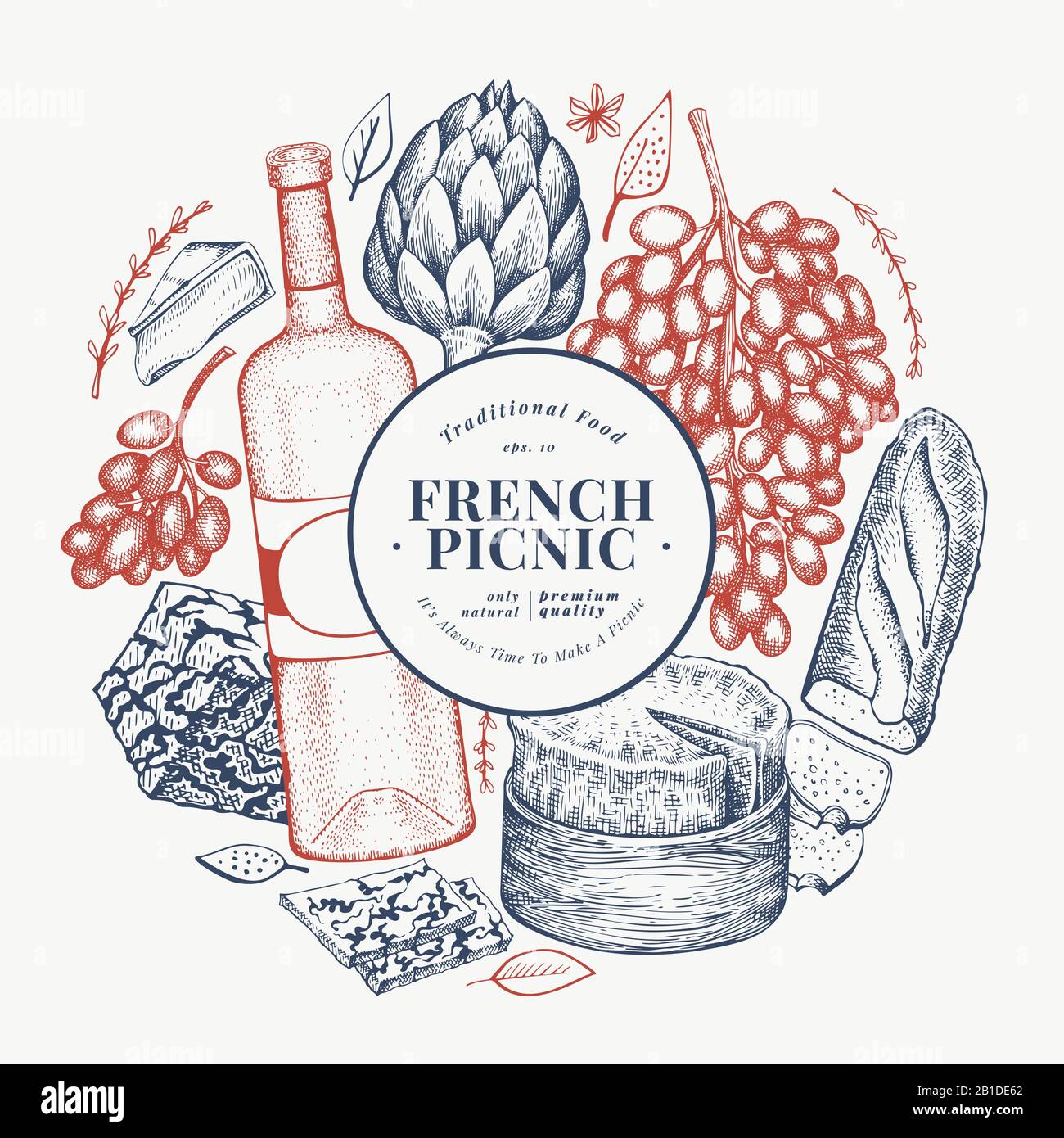French Food Illustration Design Template Hand Drawn Vector Picnic