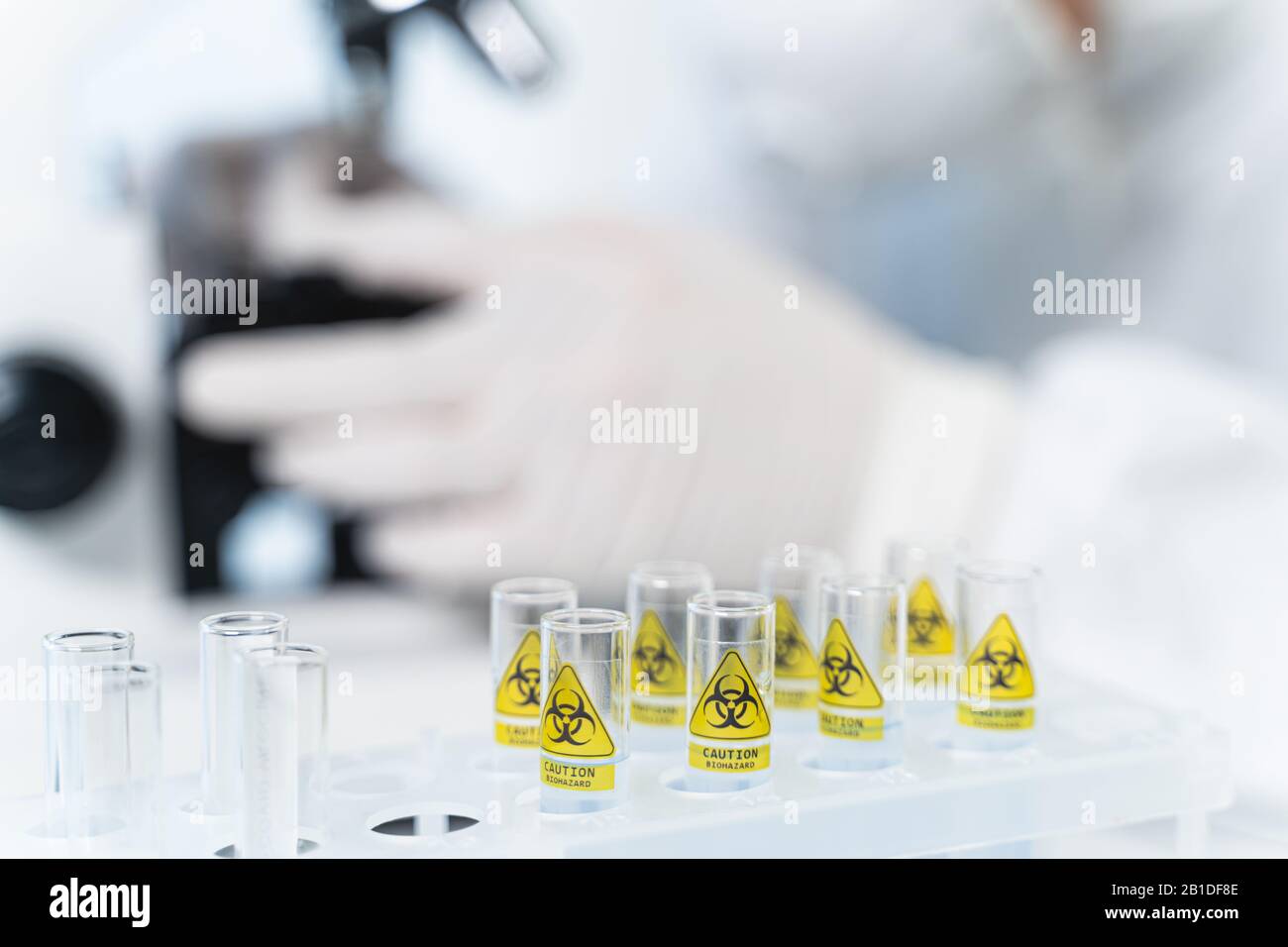 Close up of test tubes on plastic support Stock Photo