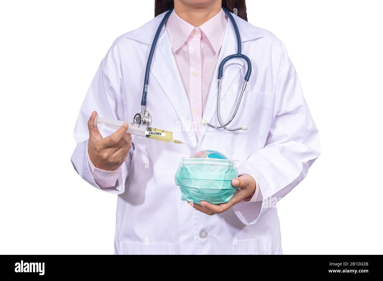 doctor in medical gown using an vaccine syringe on the globe with hygiene mask in hand. the outbreak situation of Coronavirus 2019 infection or Covid- Stock Photo
