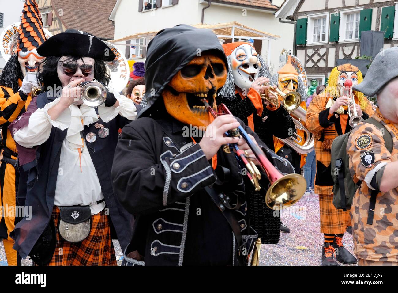 musicians wearing a mask at the carnival in Allschwil, Basel landschaft, Switzerland Stock Photo