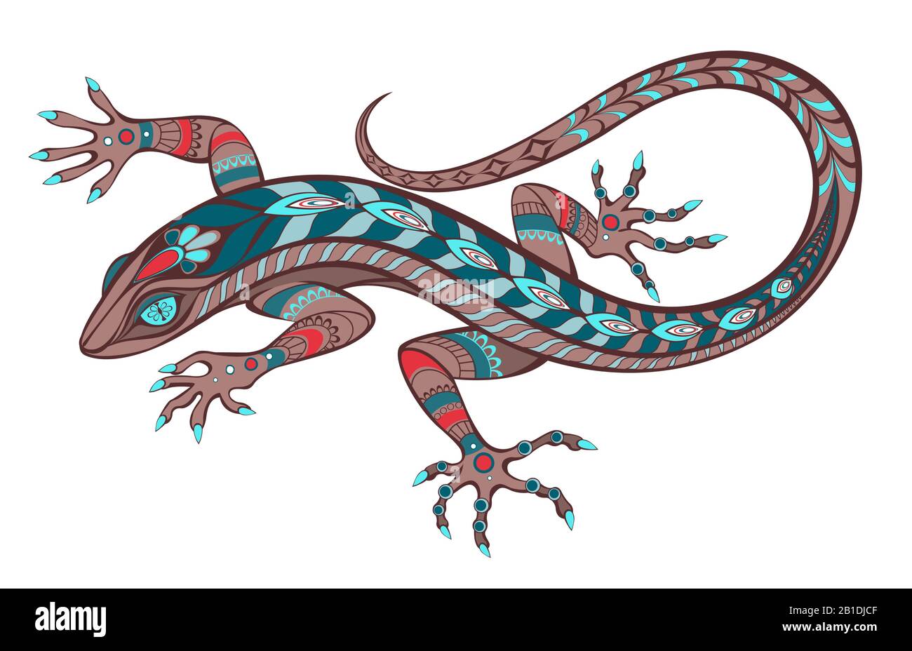 Patterned, artistic, exotic, bright lizard, decorated with turquoise, brown and red on white background. Tattoo style. Stock Vector