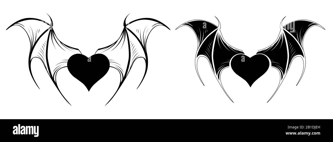 Two small, vampire, black hearts with bat contour wings on white background. Tattoo style. Stock Vector