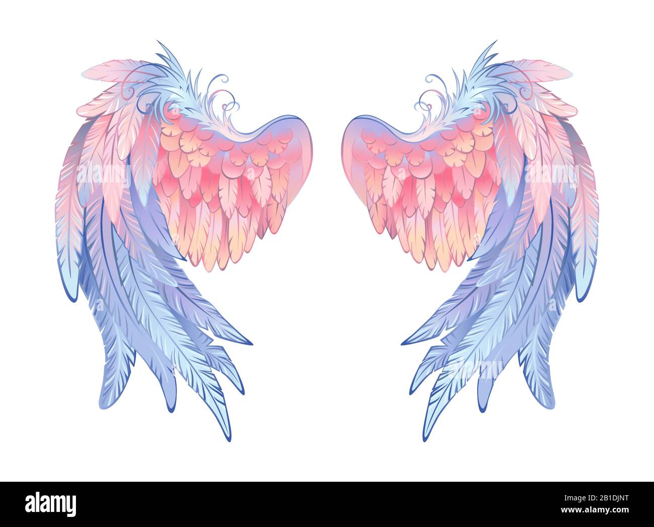 Illustration of a pack of 6 differently coloured angel wings, red, yellow,  orange, blue, purple and green, on a white background Stock Photo - Alamy