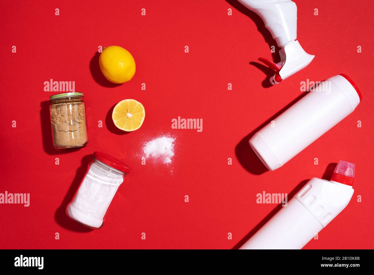 Ecofriendly natural cleaners, cleaning products against chemical detergent bottles. Cleaning