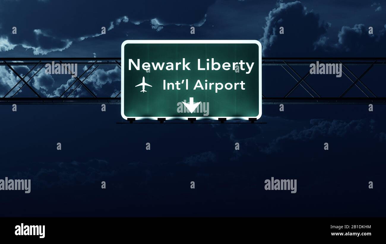 New Jersey USA Airport Highway Sign at Night 3D Illustration Stock Photo