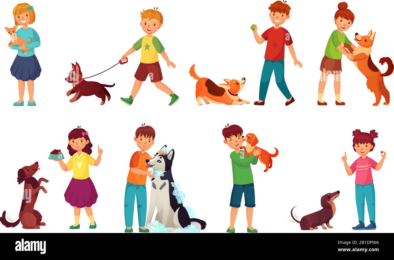 Kids playing with dogs. Child feeding dog, pet animals care and kid walking with cute puppy cartoon vector illustration set Stock Vector