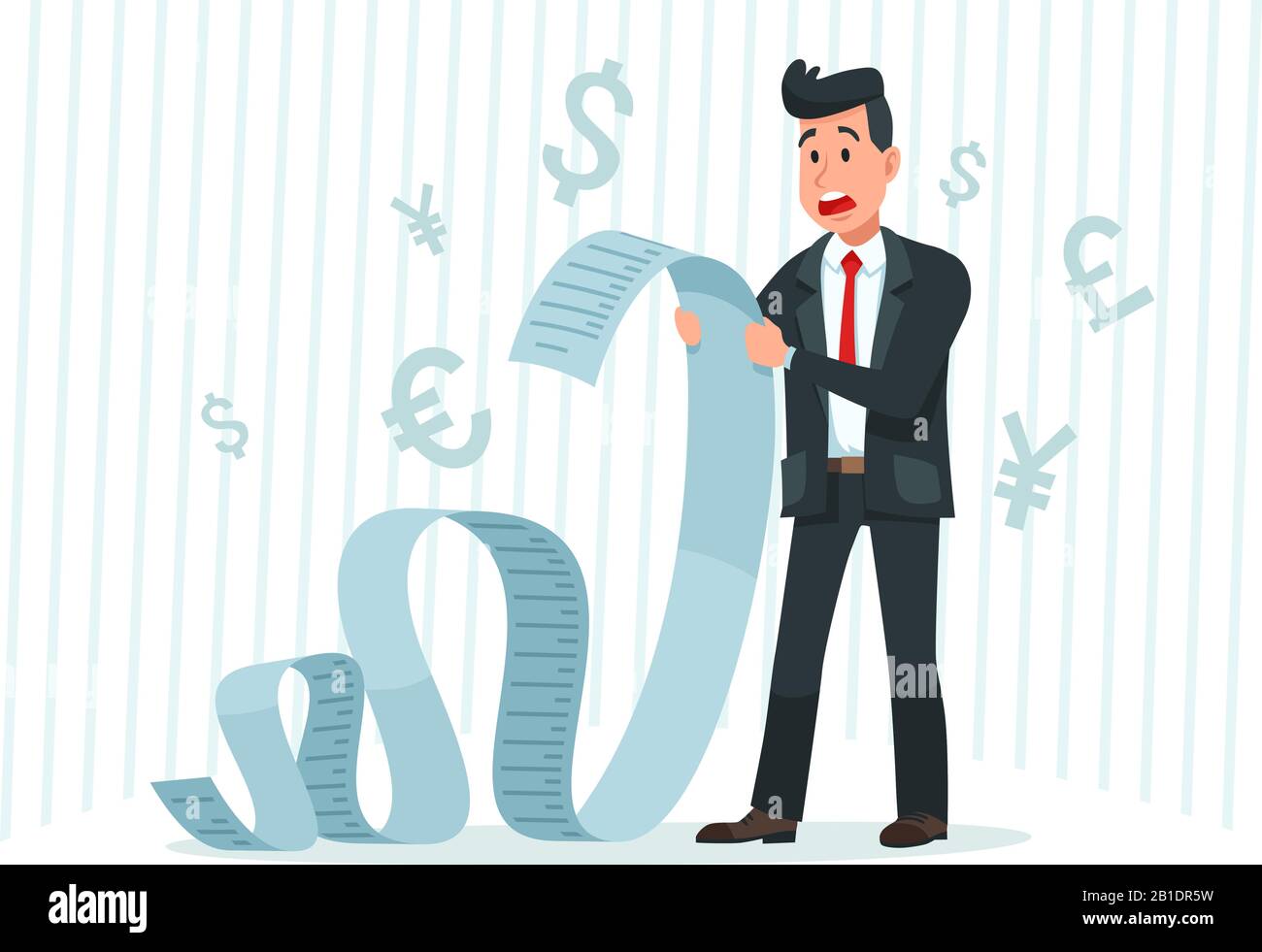 Pay big bill. Businessman holding long bill, shocked by payment amount and paying finance bills cartoon vector Stock Vector