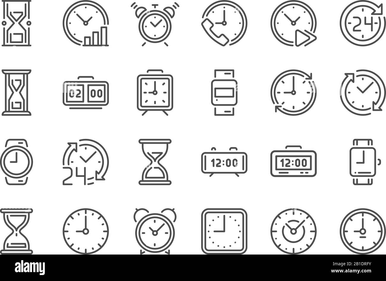 Outline clock icons. Line time, 24 hours clocks and hourglass icon vector set Stock Vector