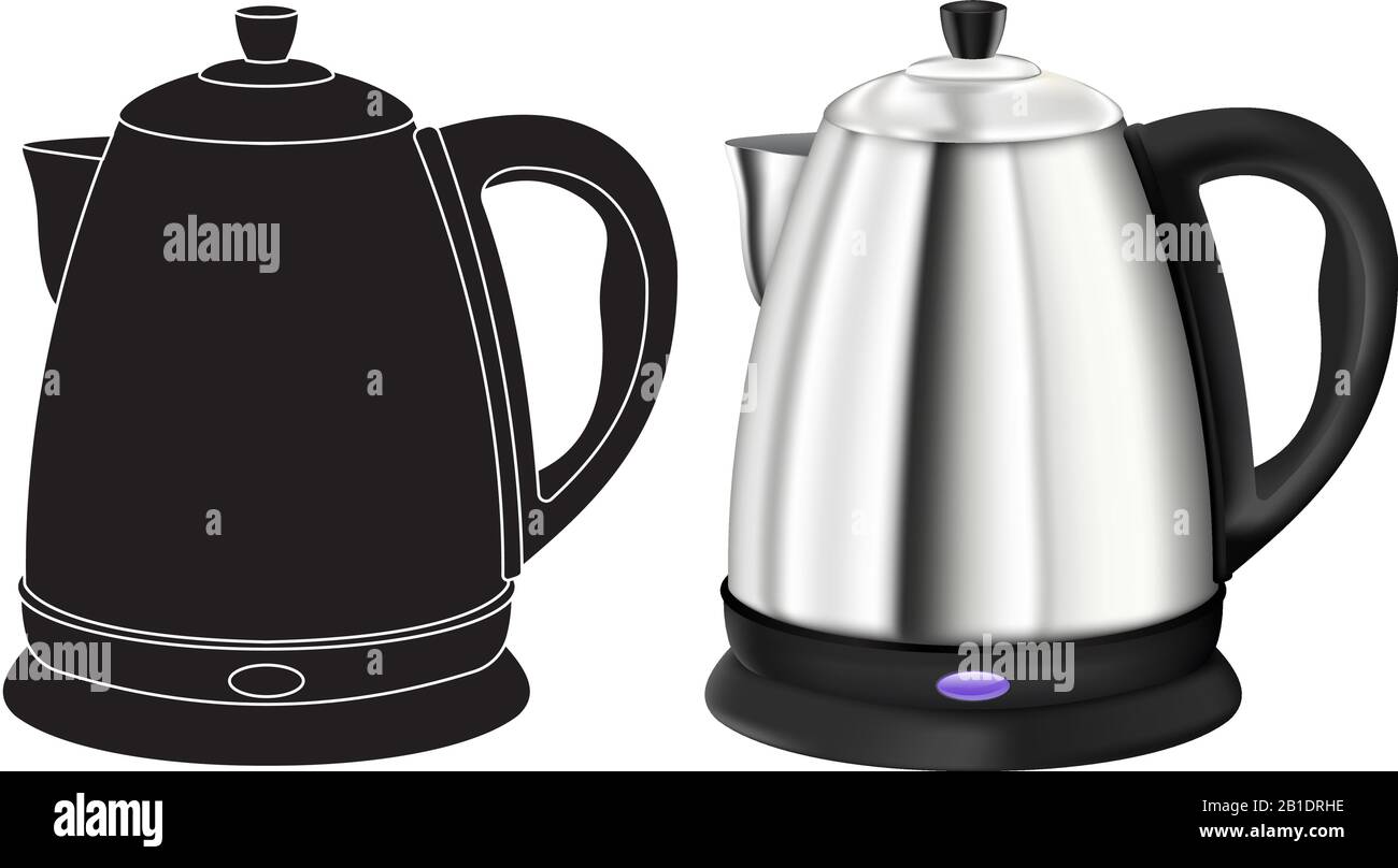 Kettle. 3d model and black outline icon Stock Vector